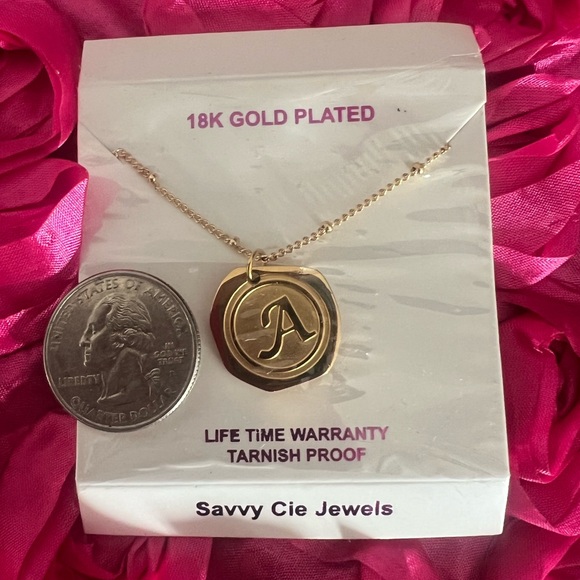 22K Yellow Gold Plated Stainless Steel Coin Initial A Necklace - Picture 4 of 5